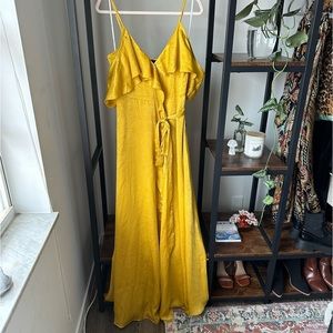 Lulus Mustard Yellow Satin Wrap Maxi Dress NWT